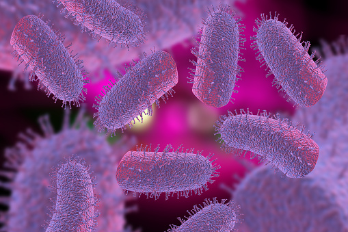 Pink rabies virus microscopic cells with pink background 3D Illustration