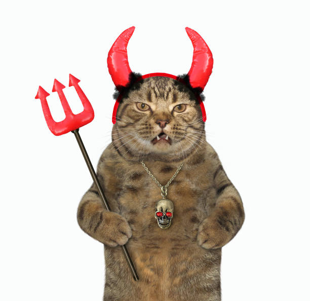 istock Cat with red horns and trident 1264533634