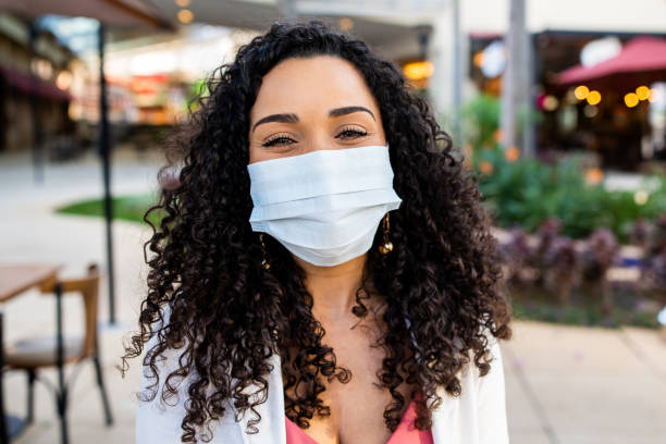 Smiling woman behind face protection mask