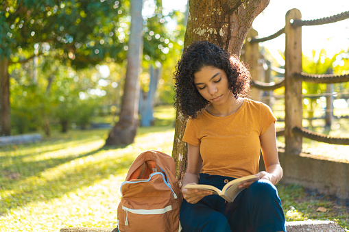 Teenager, Book, Reading, Nature, Backpack
