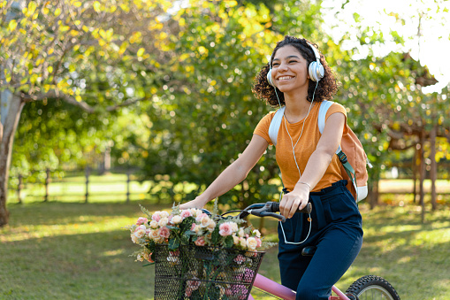 Girl, Bicycle, Nature, Headphone, Schoolbag