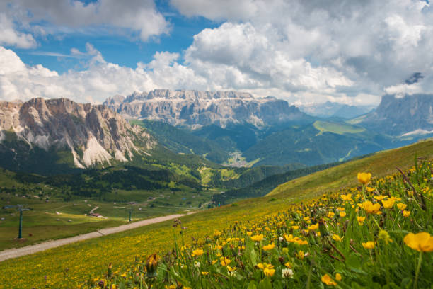 istock Scenic view of blurred Sella group mountains 1264536544