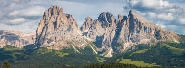 istock Langkofel mountain group in front of blue sky with clouds in summer 1264537458