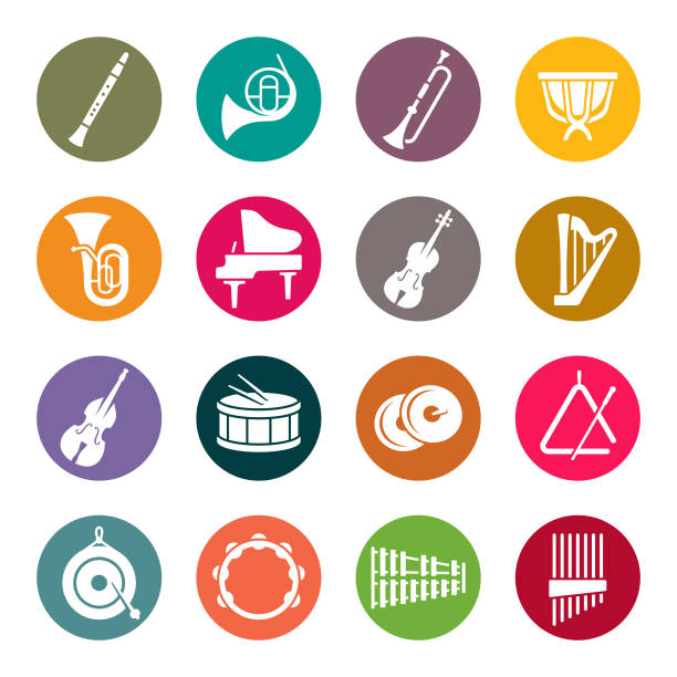 Musical instruments colourful vector icons Orchestra instruments vector icon set tam o'shanter stock illustrations