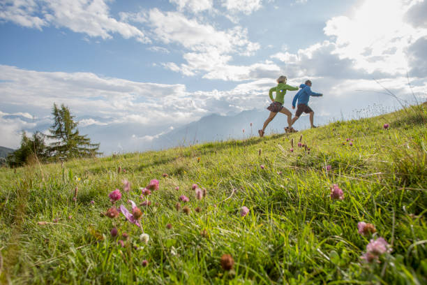 istock Trail runners ascend high mountain slope, through meadow 1264539146
