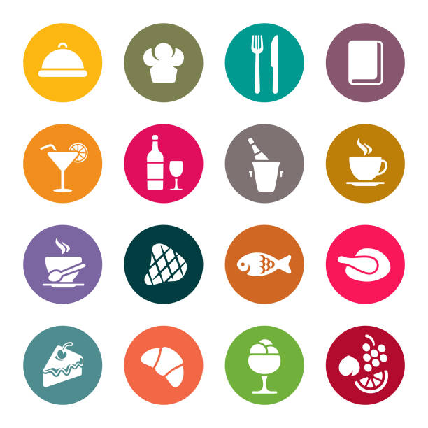 ilustrações de stock, clip art, desenhos animados e ícones de restaurant colourful vector icons - chef appetizer soup food