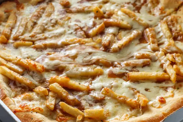 New York style specialty pizza pie with disco fries in gravy and mozzarella cheese toppings