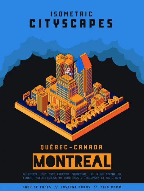 Vector illustration of Bright Colorful Isometric 3D City of Montreal, Canada Flyer or Poster Template