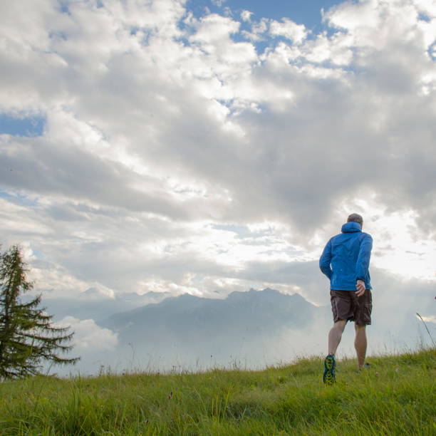 istock Trail runners ascend high mountain slope, through meadow 1264542516