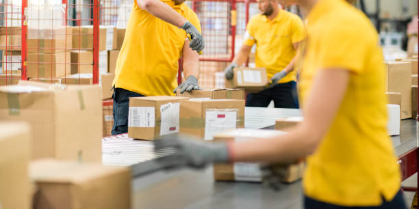 istock Warehouse workers scanning packages at a conveyor belt 1264545097