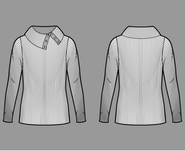 istock Wide button-up turtleneck ribbed-knit sweater technical fashion illustration with long sleeves, oversized body 1264545977