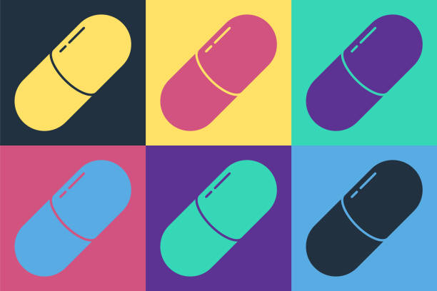 illustrations, cliparts, dessins animés et icônes de pilule de médecine de pop art ou icône de tablette isolée sur le fond de couleur. pilule capsule et signe de drogue. conception de pharmacie. illustration vectorielle - pill capsule vitamin pill medicine