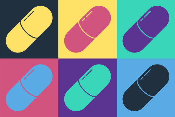 Pop art Medicine pill or tablet icon isolated on color background. Capsule pill and drug sign. Pharmacy design. Vector Illustration Pop art Medicine pill or tablet icon isolated on color background. Capsule pill and drug sign. Pharmacy design. Vector Illustration pills stock illustrations