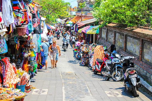 In September 2015, tourists were buying souvenirs at Ubud Market in Bali in Indonesia.