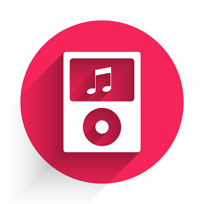 White Music player icon isolated with long shadow. Portable music device. Red circle button. Vector Illustration