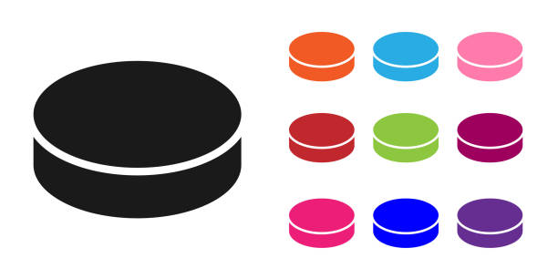 black hockey puck symbol isoliert auf weißem hintergrund. setzen sie symbole bunt. vektor-illustration - winter sport team sport hockey puck sport stock-grafiken, -clipart, -cartoons und -symbole