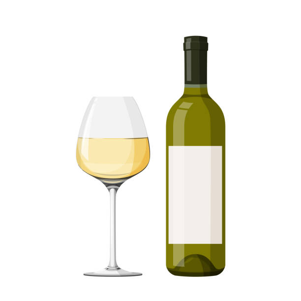 ilustrações, clipart, desenhos animados e ícones de taça de vinho com ilustração vetorial de vinho branco. vidro realista com garrafa. - wine glass white wine wineglass