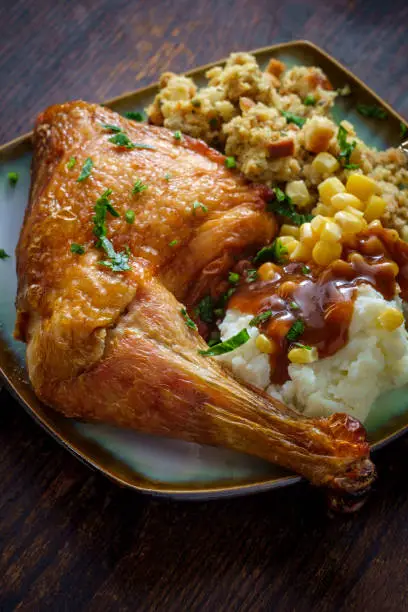 Traditional American Thanksgiving dinner plate with crispy baked turkey leg mashed potatoes stuffing gravy and corn