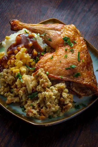 Traditional American Thanksgiving dinner plate with crispy baked turkey leg mashed potatoes stuffing gravy and corn