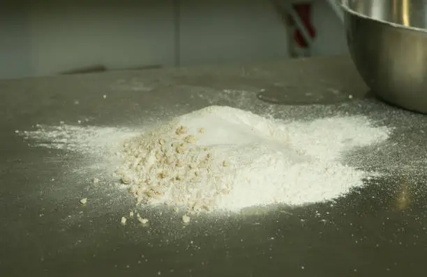 The process of making bread. The chef kneads the dough by hand. Prepared flour and yeast.