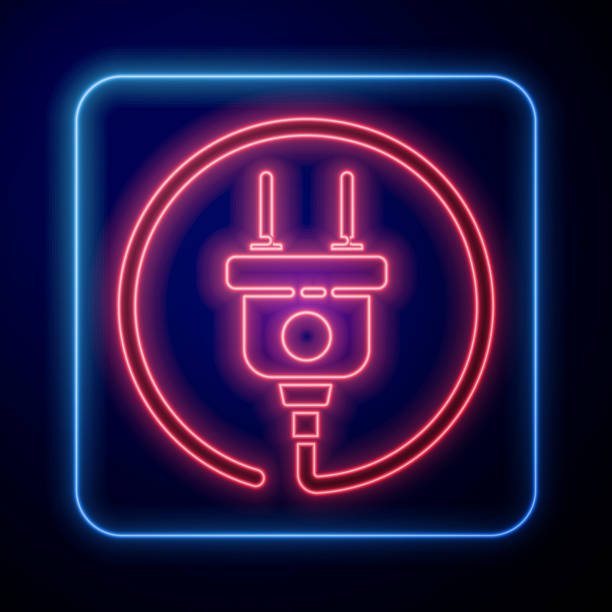 glühende neon elektrische stecker-symbol auf blauem hintergrund isoliert. konzept der verbindung und trennung des stroms. vektor-illustration - stromstecker grafiken stock-grafiken, -clipart, -cartoons und -symbole