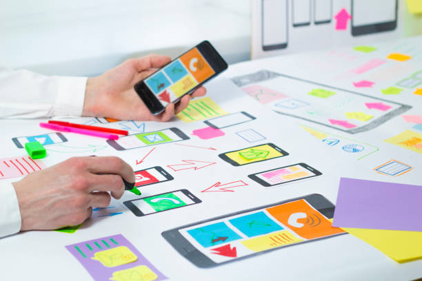 istock Web designer mobile phone application developer. Desktop of the creator of the sketch interface for smartphones. User experience. 1264552217