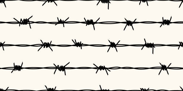 Barbed wire silhouettes seamless pattern. Vector background of steel black wire barb fence. Concept of protection, danger or security Barbed wire silhouettes seamless pattern. Vector background of steel black wire barb fence. Concept of protection, danger or security prison illustrations stock illustrations