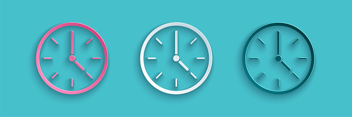 Paper cut Clock icon isolated on blue background. Time symbol. Paper art style. Vector Illustration
