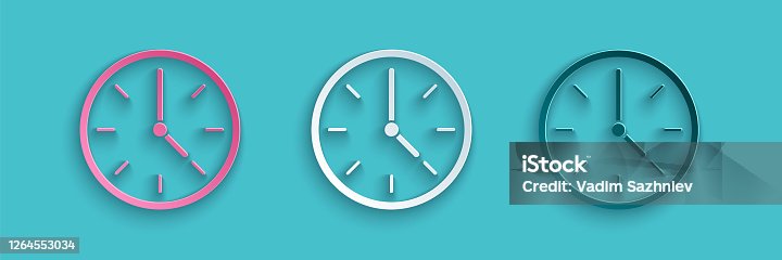 istock Paper cut Clock icon isolated on blue background. Time symbol. Paper art style. Vector Illustration 1264553034