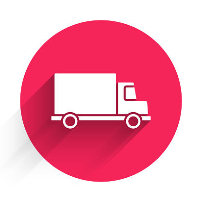 White Delivery cargo truck vehicle icon isolated with long shadow. Red circle button. Vector Illustration