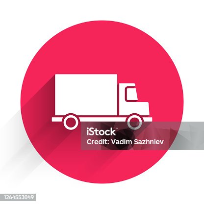istock White Delivery cargo truck vehicle icon isolated with long shadow. Red circle button. Vector Illustration 1264553049