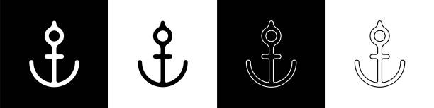 ilustrações de stock, clip art, desenhos animados e ícones de set anchor icon isolated on black and white background. vector illustration - anchor and rope