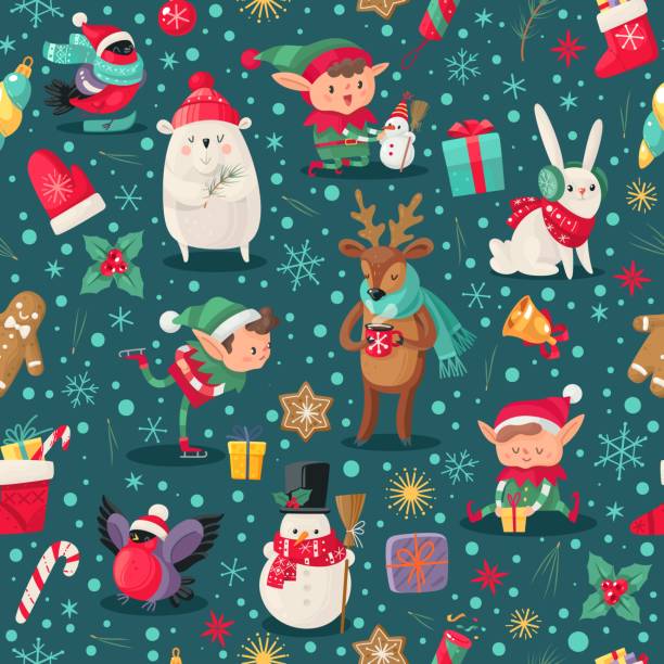 ilustraciones, imágenes clip art, dibujos animados e iconos de stock de personajes de navidad patrón sin costuras. ayudantes de santa claus, ciervos y muñeco de nieve, elfo y oso de invierno diseño de navidad infantil para papel pintado, papel textil y papel de envoltura, textura vectorial - wrapping paper christmas gift snowman