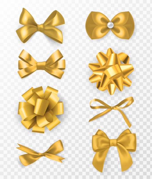 Gold decorative bows. 3d silk ribbon with decorative bow, golden holiday packaging element, card or page decor, elegant gift tape vector set Gold decorative bows. 3d silk ribbon with decorative bow, golden holiday packaging element, card or page decor, elegant gift tape vector set on transparent background bow hair bow ribbon gold stock illustrations