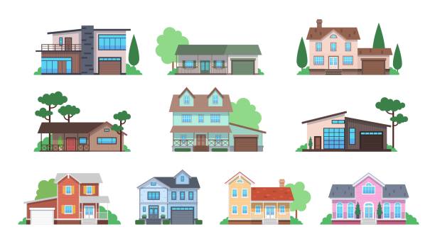 Cottages. Home facades, cottage or suburban townhouse, front view family houses, architecture real estate modern design flat vector set Cottages. Home facades, cottage or suburban townhouse, front view family houses with garage and terrace, architecture real estate modern design flat vector isolated set residential building illustrations stock illustrations