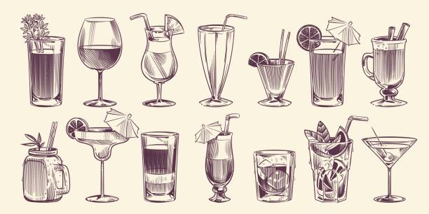 ilustrações, clipart, desenhos animados e ícones de coquetéis de esboço. coquetel diferente desenhado à mão, bebida alcoólica em copo para menu de restaurante de festa, mojito frio, pina colada tropical e margarita, estilo de gravação vetor conjunto isolado - martini cocktail martini glass glass