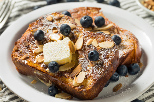Homemade Brioche French Toast with Blueberries and Almonds