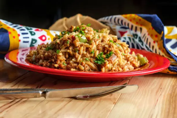 Mexican style Spanish rice with tomatoes onions and green bell peppers