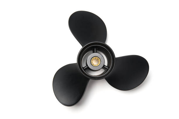 istock New black screw from a motor boat. three-bladed propeller. Isolated over white background. 1264555927