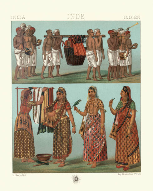 Traditional costumes of India, Maratha woman, cashmere saree Vintage illustration of Traditional costumes of India, Adherents of Vishnu and Shiva, Funeral of a musician, Maratha ladies in cashmere saree funeral procession stock illustrations
