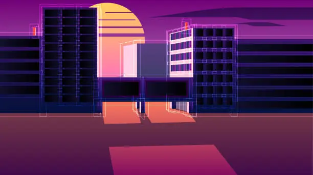 Vector illustration of Retro futuristic minimalistic technological cityscape