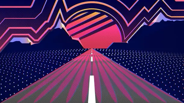 Vector illustration of The road to the mountains on the background of the sunset.