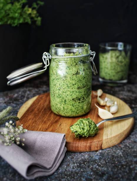 istock Green pesto in a jar 1264560654