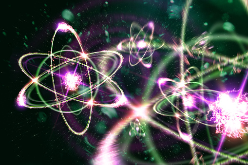 Close up of colorful atomic particle background science 3D illustration