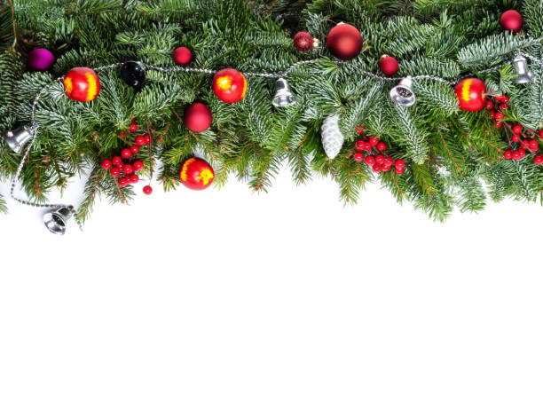 istock Christmas decorative background border with red bauble decorations, holly berries, spruce and pine cones 1264562207
