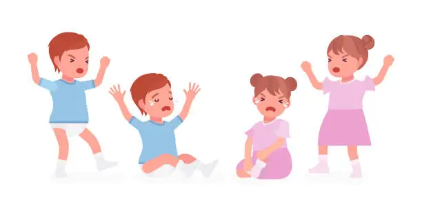 Vector illustration of Toddler child, boy, girl expressing bad emotions, crying in tears