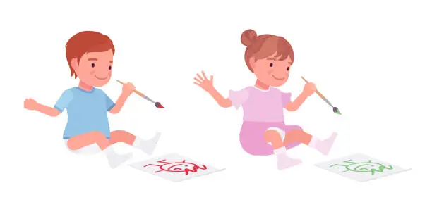 Vector illustration of Toddler child, little boy and girl drawing picture with paints