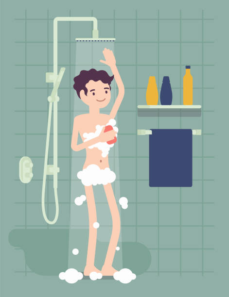 stockillustraties, clipart, cartoons en iconen met mens die een ontspannende douche en het inzepen met schuim neemt - hotel shampoo