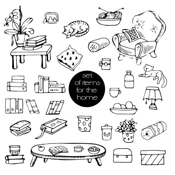 A Set Of Interior Elements And Household Items Furniture Books Boxes  Pillows Cups Table Contour Blackandwhite Drawings Made By Hand Isolated On  A White Background Stock Illustration - Download Image Now - iStock