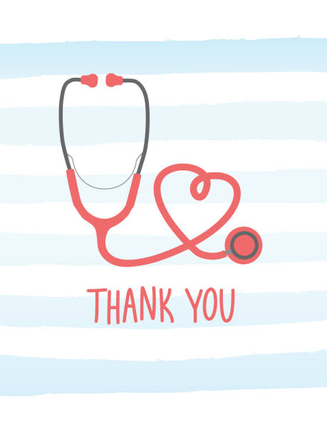 Simple vector Thank You appreciation card to the healthcare workers, nurses, doctors, hospital workers. Thank you card with red text and a stethoscope forming a heart shaped. hospital card stock illustrations